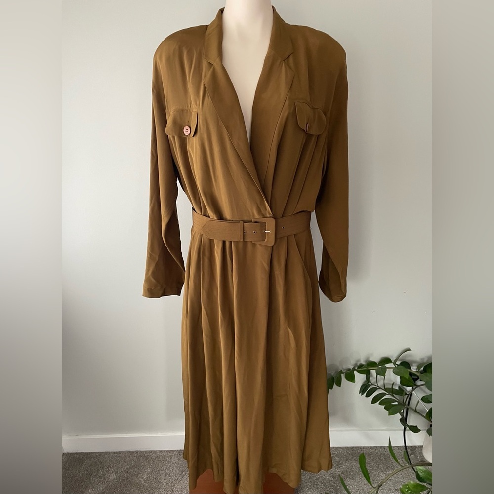 90s Vintage August Silk 100% Silk Dress Trench Belted Miltary Maxi Size 14